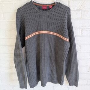 Men's ARROW Crew Neck Sweater Size Medium Gray Orange Stripe- 100% Cotton